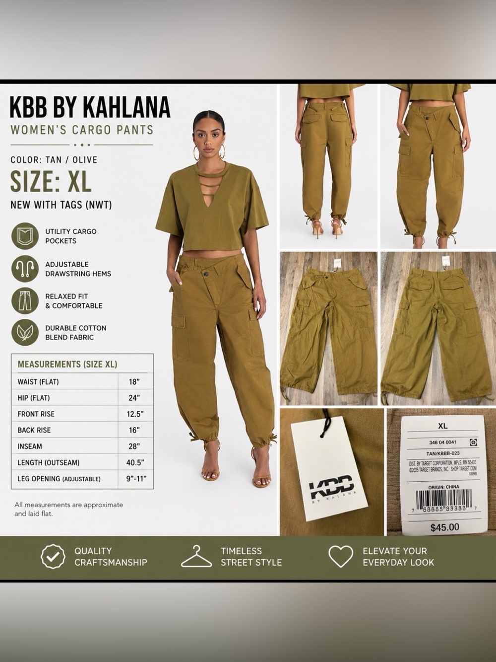 NWT KBB by Kahlana Cargo Pants Women’s XL Tan Olive Utility Parachute Adjustable